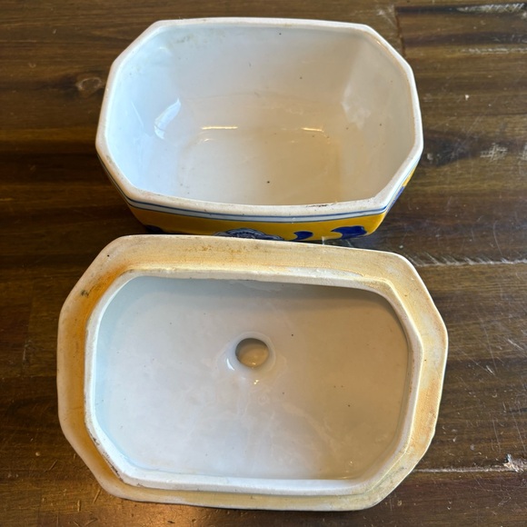 Vintage Blue Yellow Chinese Ceramic Box Jewelry Catchall Lid Trinket Lidded Bowl - Picture 3 of 11
